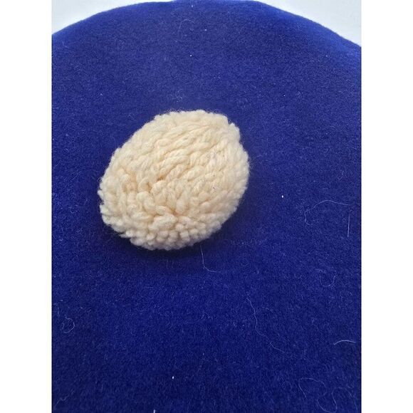 Vintage Blue Wool Beret With Pom Pom & Checkered Inner Band - Picture 5 of 5
